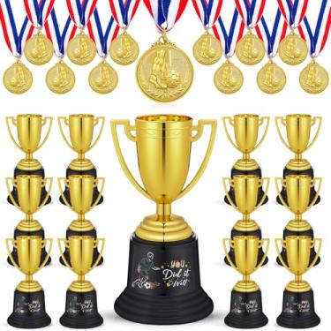 Imagem de Tondiamo Conjunto de 24 medalhas de futebol e troféus para crianças, incluindo 12 peças de prêmios de troféu de futebol de ouro de plástico de 12 cm e 12 medalhas de 5 cm para crianças, prêmios de