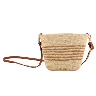 Imagem de UIBRN Bolsas transversais de palha para mulheres com listras, bolsa de ombro tecida à mão com alça de couro sintético ajustável, bolsas de praia, Listra bege e café