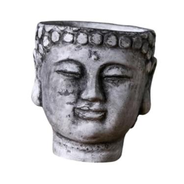 Imagem de WeiLaiKeQi Cabeça de buda plantador planta flor recipiente mesa peça central plantador de cimento decorativo vaso de flores para quintal interior ao ar livre, Cinza