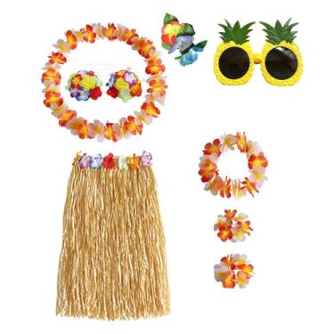 Imagem de Dynwave Conjunto de fantasia de sutiãs havaianos com saia havaiana para celebração, casamento na praia, carnaval, Comprimento da saia 60cm