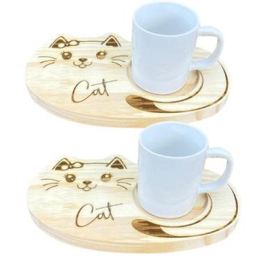 Imagem de Jogo 2 canecas porcelana 120ml com pires pinus gato - Antilope Decor P