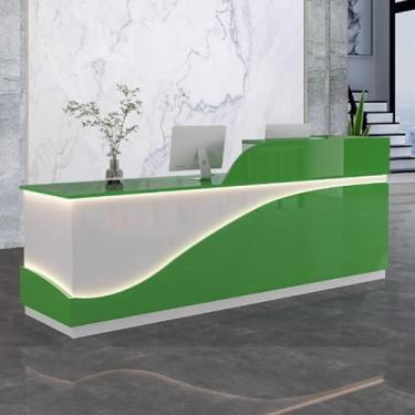 Imagem de Mesa de recepção moderna para escritório, balcão de recepção, recepção de recepção, mesa de balcão de escritório de madeira projetada com tiras de luz para salões de beleza, verde + branco, 120 cm