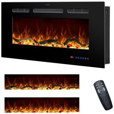 Imagem de Lareira Elétrica de 76,2 cm Embutida na Parede c/ Controle Remoto, 13 Cores de Chamas c/ Cristais e Troncos, Aquecedor de Ambiente