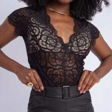 Imagem de Body Renda Decotado Manga Curta Rendado Bojo Guipir - Swisz, P, Preto,