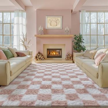 Imagem de PureCozy Tapete quadriculado 22 x 30,5 cm para sala de estar, rosa e branco, moderno, lavável, antiderrapante, tapete supermacio, felpudo, para quarto, casa, decoração estética