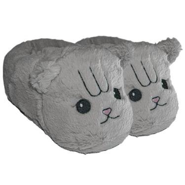 Imagem de Pantufa Gato Pelúcia Cinza Inverno Quentinha Solado Borracha - EGL, M 