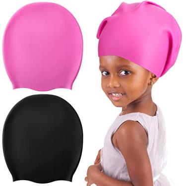 Imagem de Toucas de natação de silicone para meninas trançadas e dreadlocks, touca de banho à prova d'água de silicone para crianças, adolescentes, com cabelo comprido, extensões de cabelo, cachos (preto, rosa, G)