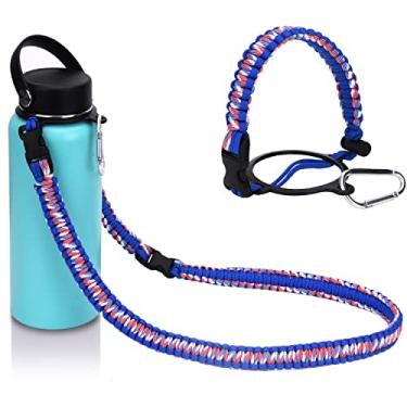Imagem de Wongeto Alça de corda Paracord com alça de ombro compatível com garrafas de água Hydro Flask de boca larga 355 ml – 1,8 L, alça de garrafa de água para caminhada, ciclismo, caminhadas, acampamento (azul e vermelho e branco)