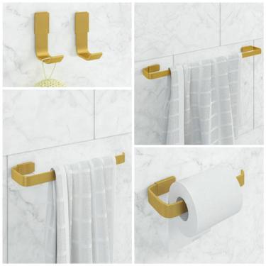 Imagem de Kit De Acessórios Banheiro 5 Peças Stander 2 Cabides Dourado - JVN COM