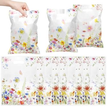 Imagem de Sacos de presente de flores silvestres com alças, 50 peças, bolsa de lembrancinha de festa de flores de borboleta, plástico, doces, petiscos, biscoitos, primavera, bolsa para presente de aniversário