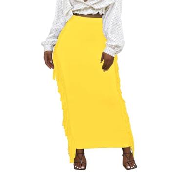 Imagem de Lrady Saia Feminina Lápis Longa de Cintura Elástica Justa com Borlas Laterais, Amarelo, GG