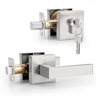 Imagem de Probrico Conjunto de fechaduras de porta externa com fecho, maçaneta de passagem da porta frontal e conjunto de fechadura de cilindro duplo, maçaneta quadrada com fechadura de fechadura de ambos os
