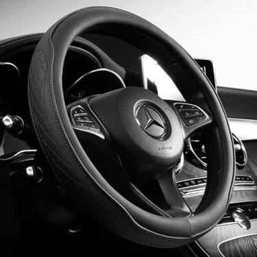 Imagem de Capa de volante universal de 38 cm - Couro PU respirável com aderência de borracha inodora, design clássico antiderrapante, serve na maioria dos carros e SUVs (preto)