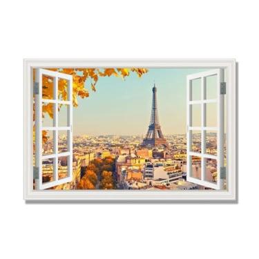 Imagem de Janela de arte de parede com impressão em tela. Vista de janela falsa. Impressão de imagem natural em tela. Arte de cenário para decoração de sala de estar. (Vista da Torre Eiffel de Paris 16). 60 x