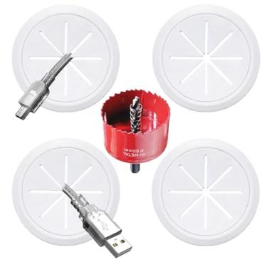 Imagem de Pacote com 4 ocultadores de fios de TV para parede, kit de gerenciamento de cabos de parede de 60 mm (orifício de 60 mm), inclui 4 passagens e 1 acessório de broca de serra de furo, fácil de instalar