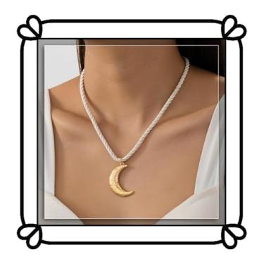 Imagem de DIONFEI Conjunto requintado de colar com pingente de corda trançada preto e branco e sol e lua - Moeda redonda retrô com pingente de lua crescente - Conjunto de 2 peças