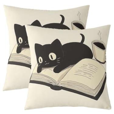 Imagem de jejeloiu Capas de almofada de gato preto 50 x 50 cm crianças desenho animado gatos conjunto de 2 capas de almofada para meninos meninas adolescentes café bonito gatinho fronhas animais para sofá sofá