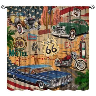 Imagem de XBDDZSW Cortinas de carro vintage estilo retrô garagem pôster rota 66 velho clássico tema de carro arte impressão cortinas de janela para quarto sala de estar cozinha, conjunto de 2 painéis, decoração