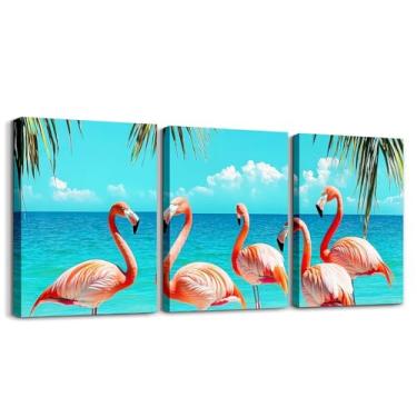 Imagem de jejeloiu Arte de parede em tela de flamingo oceano 30,5 x 40,6 cm x 3 peças para sala de estar, quarto, estampa de flamingo tropical, férias de verão, férias para decoração de casa, casa de banho