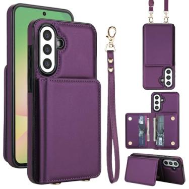 Imagem de Capa carteira de couro PU para Samsung Galaxy A56 5G, 4 compartimentos para cartão e 2 compartimentos para dinheiro, bloqueio RFID, alça destacável, capa com suporte antiarranhões e à prova de choque