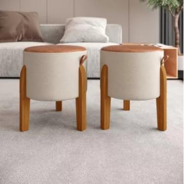 Imagem de Conjunto 2 Puffs Bege Redondo Banqueta em Linho e Couro Suporta Até 120KG - Luma - Loja Inova BR