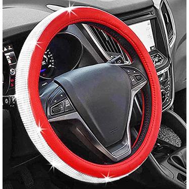 Imagem de Capa de volante de couro universal com strass totalmente brilhante para carro Capa de volante automotiva estilo de carro acessórios de decoração de interiores (vermelho couro e diamante branco)