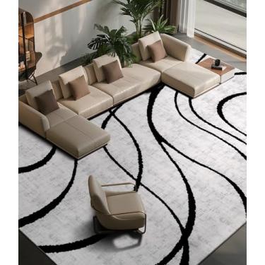 Imagem de YIHOUSE Tapetes modernos para sala de estar, tapete preto e branco lavável, 23 x 30 cm, tapete listrado geométrico abstrato fino, tapete de área para quarto, cozinha, sala de jantar, escritório