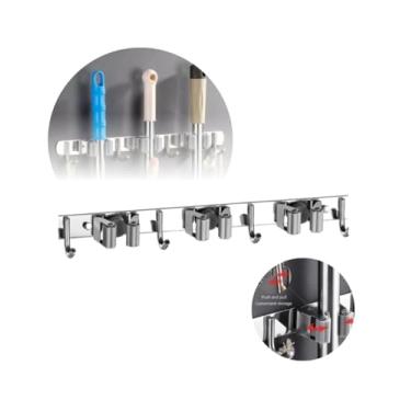 Imagem de Suporte de Vassoura e Acessorios Para Parede em Aço Inox Organizador de Ambientes Multiuso com 3 Clips e 4 Ganchos
