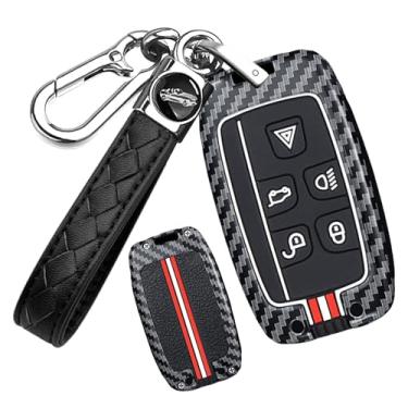 Imagem de HIBEYO Capa de chaveiro de carro adequada para Land Rover LR4 Range Rover Sport Evoque Jaguar XF XJ XJL F-pace Capa de chave de metal e silicone que brilha no escuro - Chaveiro B (linhas vermelhas e