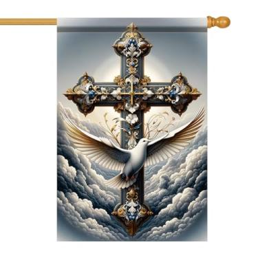 Imagem de Starlit Patio Cruz pomba bandeira de casa 71 x 101 cm bandeira de jardim cristão religioso dupla face exterior pátio varanda gramado bênção fé decoração verão Páscoa férias decoração casa