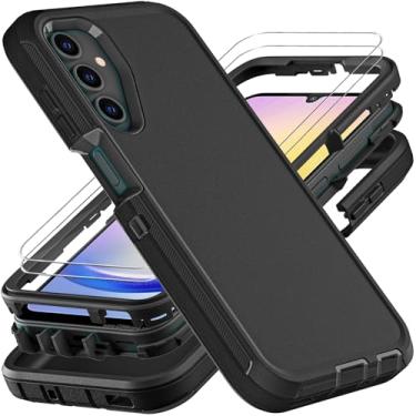 Imagem de YKHJKLEC Capa para Samsung Galaxy A25 5G, grau militar, 3 em 1, resistente à prova de choque/à prova de queda/à prova de poeira, com 2 peças de protetor de tela de vidro temperado (preto/preto)