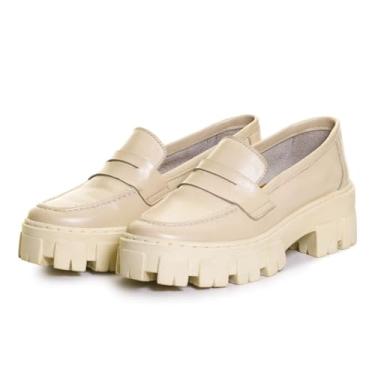 Imagem de Mocassim Tratorado Couro Feminino Tendencia Blogueira Solado Borracha Confortavel Tamanho:33;Cor:Off White;Gênero:Feminino;Departamento BS:Esporte