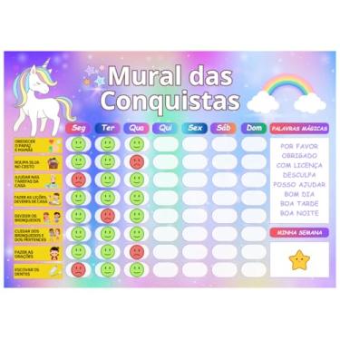 Imagem de Quadro de Rotina Infantil e Atividades Diarias Regras e Deveres em Manta Magnética Tema Unicornio Tamanho 30x22 (Modelo Para Geladeira)