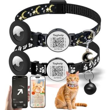 Imagem de 2 coleiras para gatos breakaway com sino fofas de estrela e lua seguras para gatinhos com pingente que brilha no escuro, coleira para gatos com etiqueta de identificação inteligente e código QR