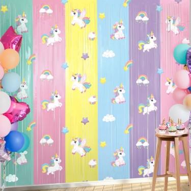 Imagem de Capoda Cortinas de pano de fundo de unicórnio com franjas de folha de tinsel pacote com 2 unidades de 1 x 2 m, arco-íris pastel, decorações de aniversário, serpentina pastel, pano de fundo, adereços