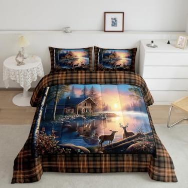 Imagem de Homewish Conjunto de edredom casal, chalé de caça, decoração de cabana de animais selvagens, coleção de edredom, casa de fazenda rústica, xadrez, marrom, para meninas e adolescentes