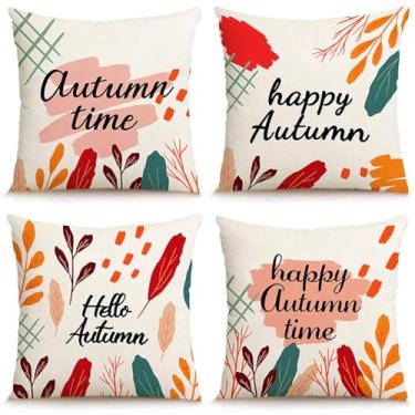 Imagem de kiddook Pacote com 4 capas de travesseiro de outono 45,7 x 45,7 cm, decoração de abóbora de Ação de Graças, fronhas de linho, colheita de outono, decoração de casa para sofá, cama, varanda (sem