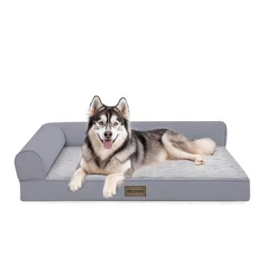 Imagem de Deconovo Cama de luxo para cães PV de veludo e linho com apoio de braço em forma de L, base antiderrapante com pontos antiderrapantes, capa lavável removível, enchimento de esponja de massagem para