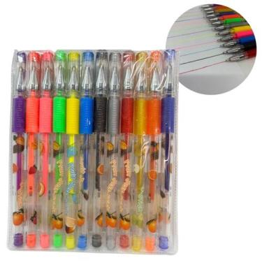 Imagem de Kit 12 Canetas Coloridas Color Gel Glitter Frutas Escolar - Dexin