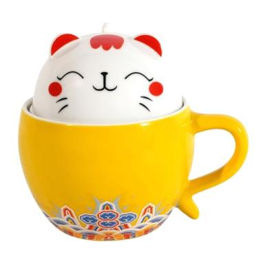 Imagem de ARISKEY Caneca de chá de cerâmica com infusor e tampa, xícara de chá de gato com filtro para deixar folhas soltas, xícara de chá de porcelana artesanal, caneca divertida 3D para escritório em casa (amarelo)