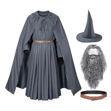 Imagem de Fantasia de feiticeiro cinza masculino adulto roupão com capuz conjunto completo cosplay de Halloween, Cinza, G