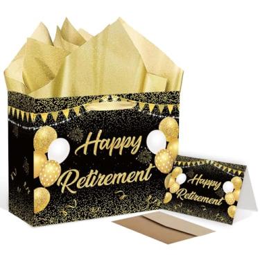 Imagem de Bolsa de presente de aposentadoria ouro preto grande para embrulhar aposentadoria com papel de seda e cartão comemorativo para homens, mulheres, escritório, colega de trabalho, despedida de despedida