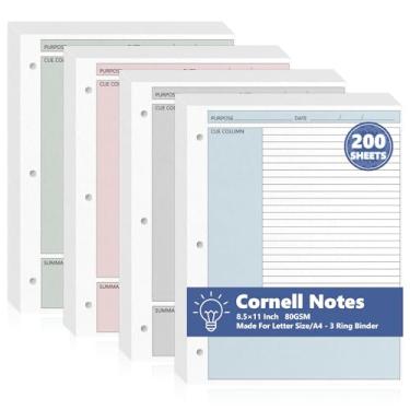 Imagem de Notas coloridas Cornell papel de folha solta 21 x 28 cm para fichário de 3 anéis, caderno pautado universitário, sistema de tomada a granel, papel de enchimento duplo lado impresso para escola