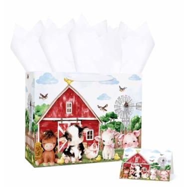 Imagem de MUNILAIL Saco grande de presente de fazenda de 33 cm com alça de papel de seda e cartão comemorativo para festa de aniversário de crianças, chá de bebê, presente