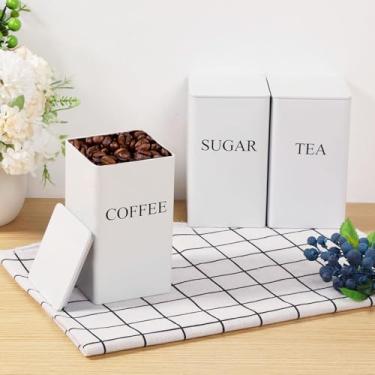 Imagem de Conjunto de 3 potes de chá, café, açúcar, metal, café e açúcar, potes versáteis de armazenamento de cozinha com tampas herméticas, conjunto de potes de comida para cozinha doméstica (branco)