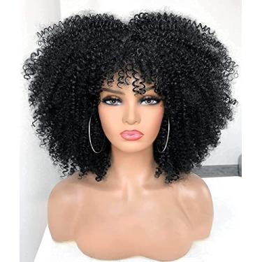 Imagem de Peruca crespo afro de 35,5 cm com franja para mulheres negras, sem cola e fofa, como uma bomba, perucas de cabelo cacheado curto (preto natural)