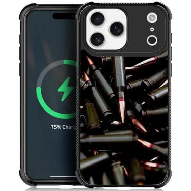 Imagem de ZHEGAILIAN Capa compatível com iPhone 16-5G Pro Max, parte traseira de vidro temperado + silicone macio TPU proteção contra choque - AK 47 metralhadora munição