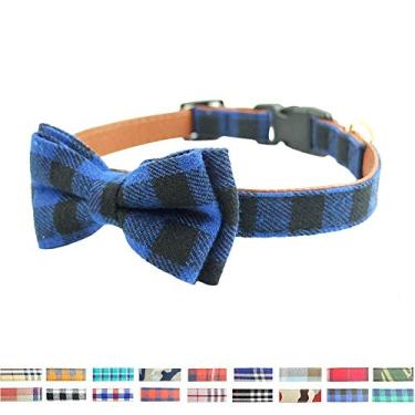 Imagem de Coleira para cachorro com laço – adorável coleira para cachorro de couro e algodão macio xadrez resistente para cães pequenos, médios e grandes, raça, filhote ajustável, 18 cores, 3 tamanhos (azul xadrez, M 33 a 46 cm)