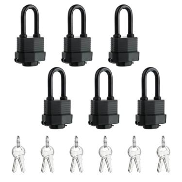 Imagem de Cadeados resistentes à prova d'água de 40 mm com aço laminado para armário de academia, garagem, cerca, galpão, externo e interno, com chave (pacote com 6)