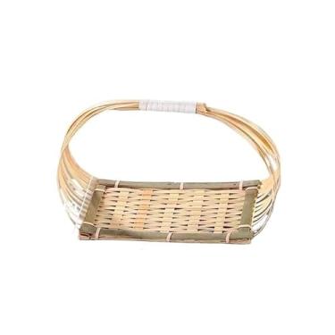 Imagem de Bandeja de bambu trançada à mão com alça portátil para frutas, sobremesas, doces, cesta plana para chá, decoração de hotel(Small 14x11x9cm)